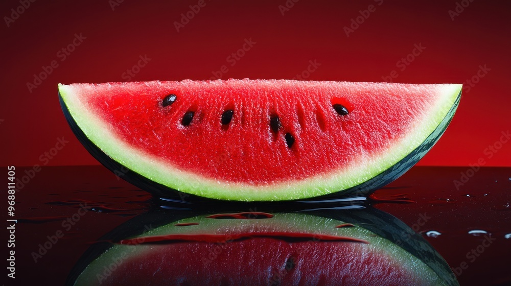 Poster watermelon slice with seeds on red background