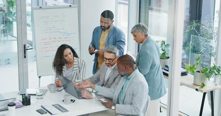 Boardroom, teamwork and business people with laptop for solution, bad connection and glitch on...