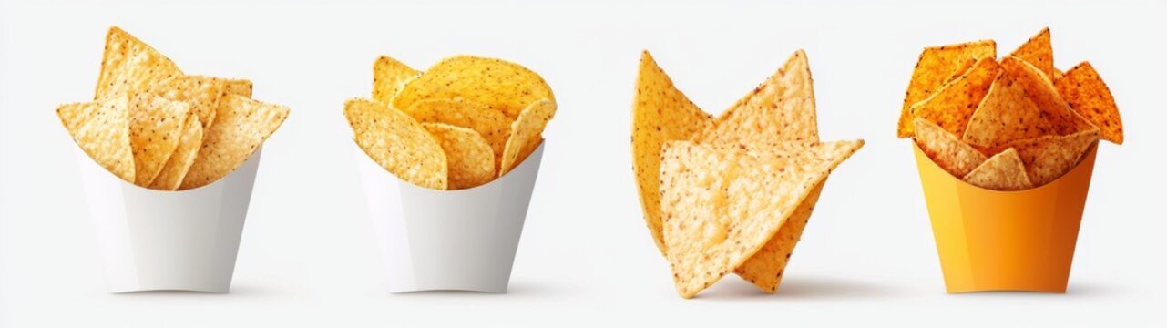Set of three-dimensional tortilla chips, isolated on clear backdrop, emphasizing texture and color contrast, with a soft focus ambiance enhancing visual appeal.