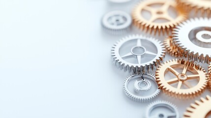 Shiny metal gears in various sizes arranged on a white background, showcasing intricate details and textures, emphasizing minimalism and simplicity in design