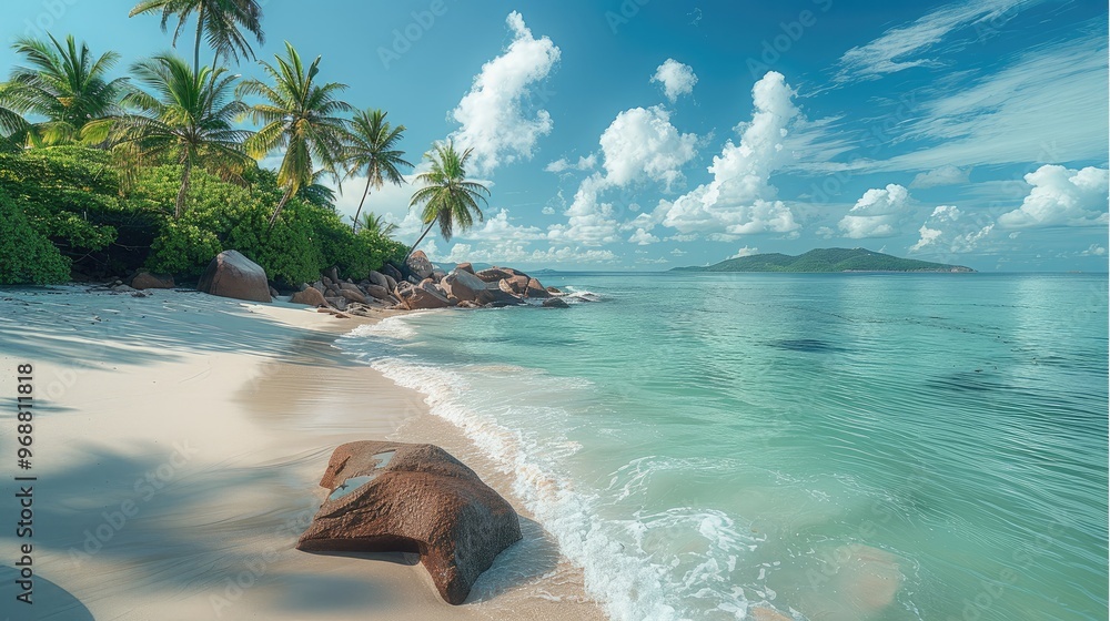 Poster tropical island with white beaches and palm trees. generative ai.