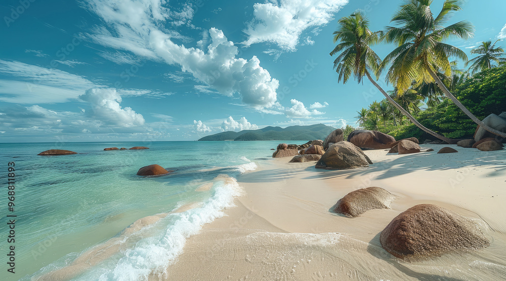 Poster tropical island with white beaches and palm trees. generative ai.