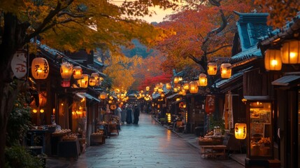 Fototapeta premium Illuminated Street in a Japanese Town at Dusk