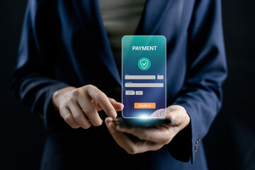 Digital banking payment online, Business people payment via apps online mobile a smartphone, online shopping, cashless society, Technology FinTech Finance concepts.