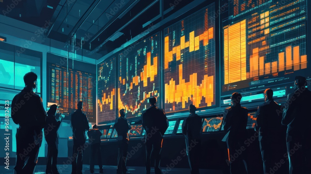 Poster Silhouetted Figures Analyzing Data on Large Screens in a Futuristic Control Room