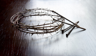 Rusty nails and a wreath of thorns at the cross