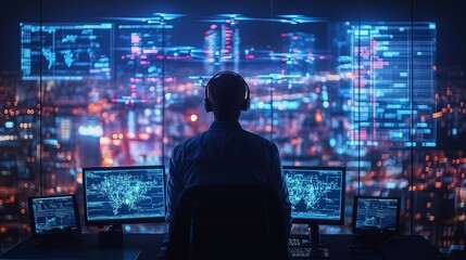 AI-powered real-time emergency response systems in smart cities: A futuristic control room managing disaster response through AI and drones.