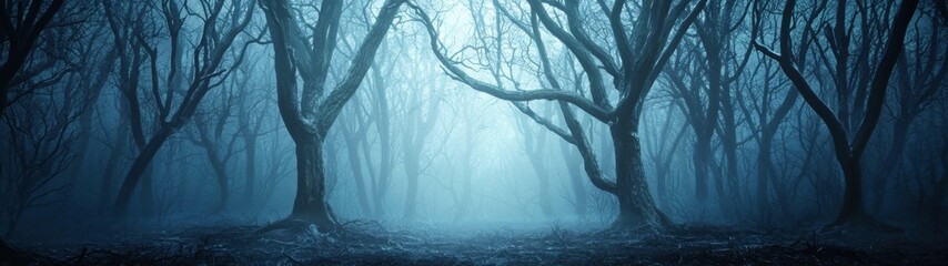 Eerie Enchanted Forest, a closeup view of twisted trees shrouded in darkness, animated style, perfect for an immersive backdrop in a mystical adventure setting.
