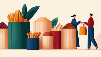 A hand-drawn scene of a retro supermarket with wooden bins of bulk grains and dried fruits, and shoppers filling paper bags, Illustration, Warm nostalgic tones