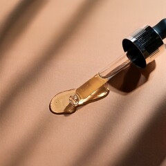 close up of pipette with pouring liquid serum and shadows on beige background.