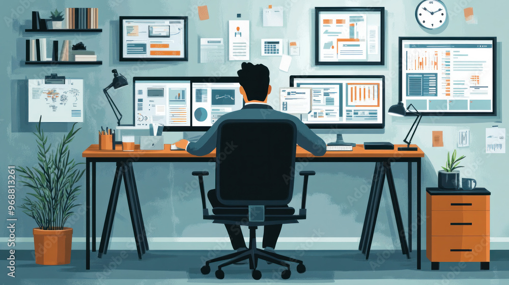 Poster a man is sitting at a desk with a computer monitor and a keyboard. he is wearing a suit and tie. the