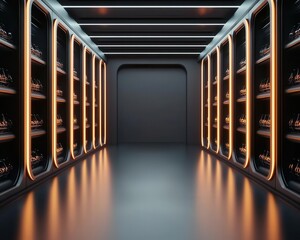 A futuristic supermarket with holographic displays showing bulk buying discounts and eco-friendly options, surrounded by sleek bulk dispensers, Sci-fi, Neon and cool tones