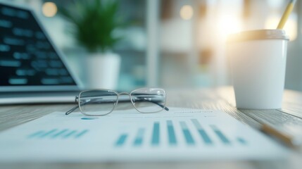 Modern Office Environment, a sleek workspace with business analytics elements, minimalist design, open layout, inviting atmosphere, conducive to productivity and collaboration