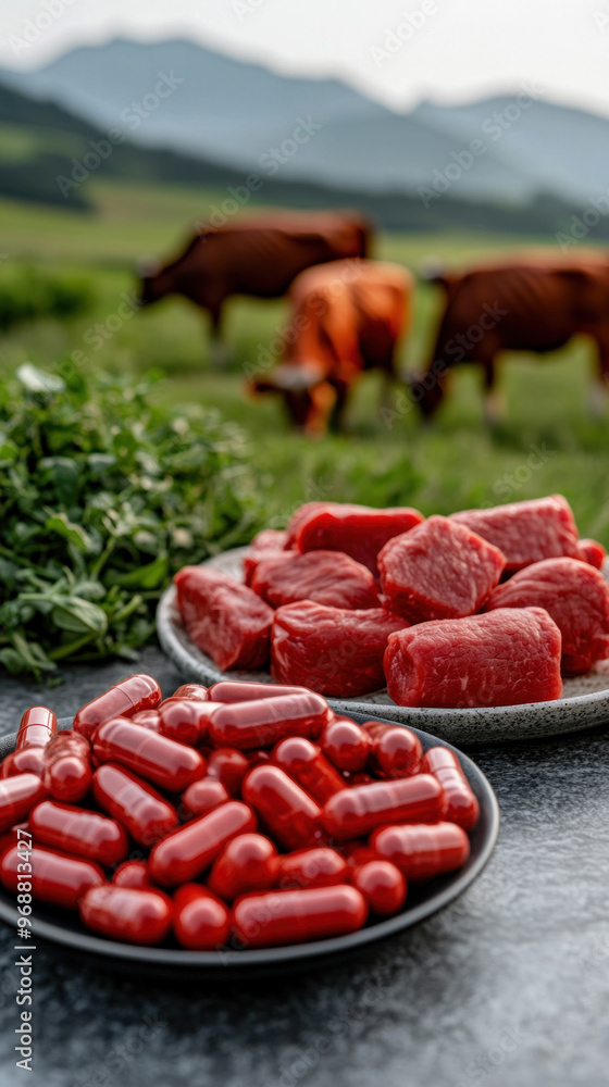Poster a plate of red pills sits next to a plate of red meat. the scene is set in a field with cows grazing