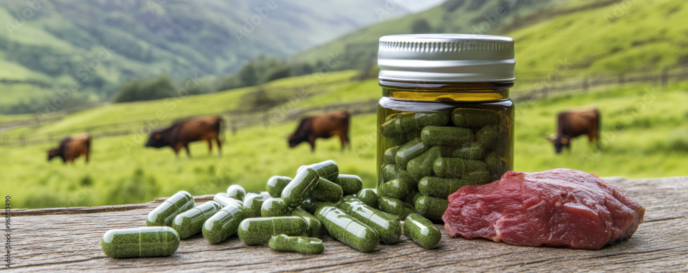 Poster a jar of pills and a piece of meat are on a wooden table. the scene is set in a field with cows graz