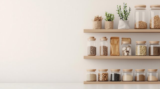 A minimalist supermarket bulk section with clean lines and eco-friendly packaging, offering grains, cereals, and seeds, Digital Art, Soft pastel colors