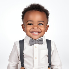 A 2-year-old black boy with a cute face, wearing a white shirt and gray overalls isolated on white background.