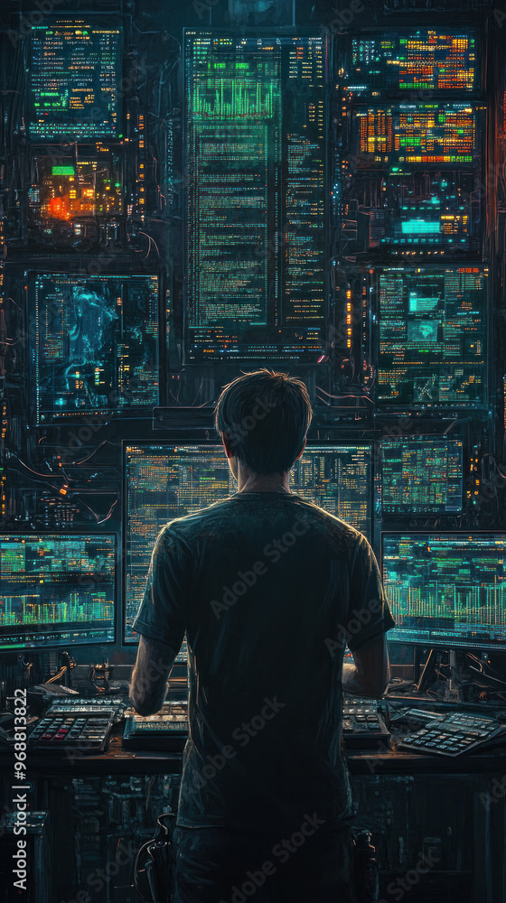 Poster a man is sitting in front of a computer monitor with a city view in the background. concept of isola
