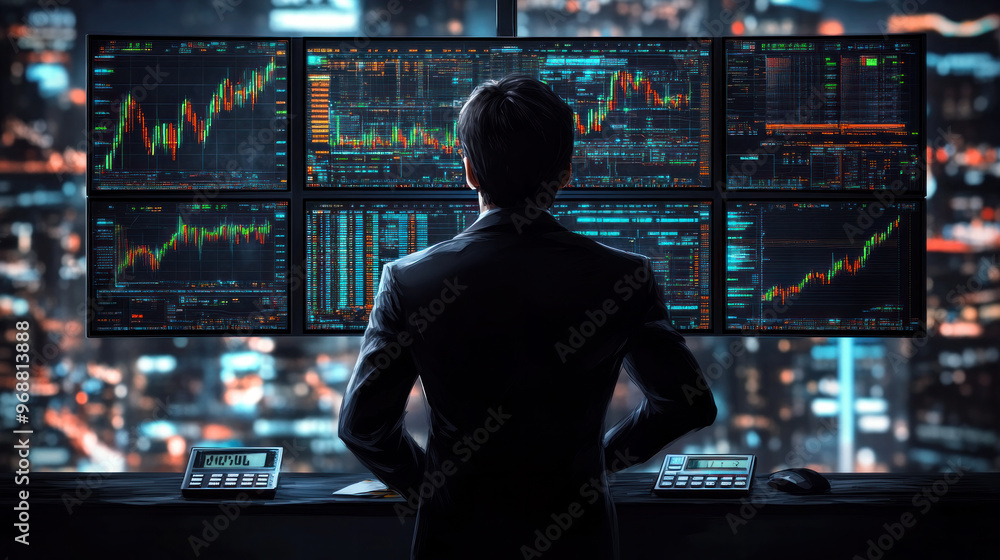 Poster a man is standing in front of a computer monitor with a lot of numbers on it. he is wearing a suit a