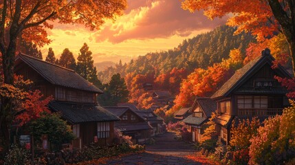 Fototapeta premium Autumnal Japanese Village Street with Traditional Houses