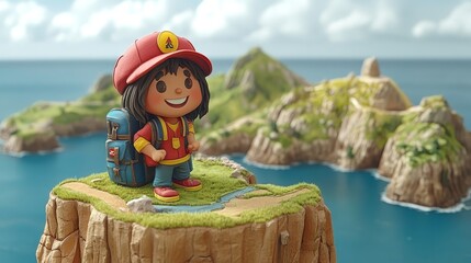 A cheerful child with a backpack stands on a cliff, overlooking a scenic landscape of hills and ocean, ready for adventure.