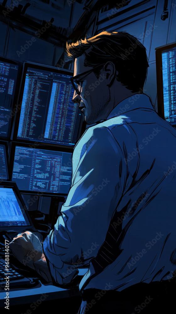 Poster a man is sitting in front of a computer screen with a laptop in front of him. he is wearing glasses 