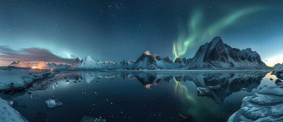 Northern lights, aurora borealis, mountains in the background, water reflection, night sky. Generative AI.