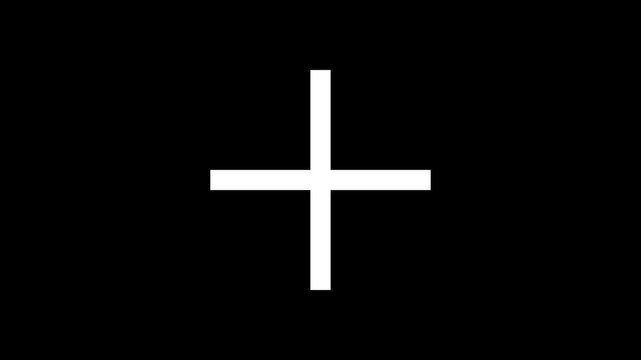 white plus mark with icon animation on a black background.