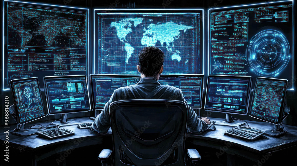 Poster a man is sitting in front of a computer monitor with a map on it. he is looking at the screen intent