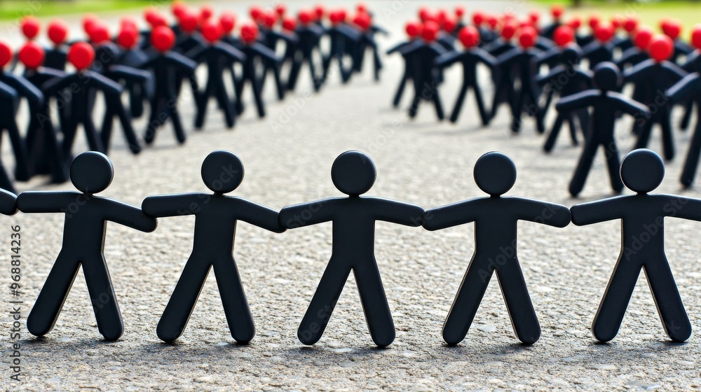 Poster a creative representation of unity and teamwork with black figures holding hands amidst a backdrop o