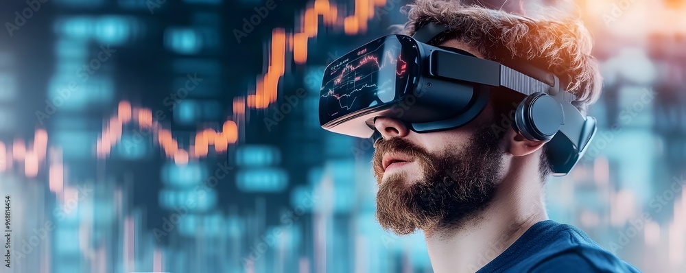Poster using vr glasses to navigate cryptocurrency trading interface
