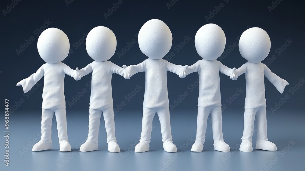 Poster a group of five white figures standing together, symbolizing unity and teamwork against a gradient b