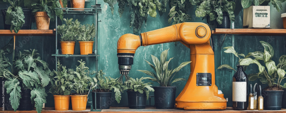 Poster a robot is standing in front of a shelf full of plants. the robot is yellow and has a drill on its h