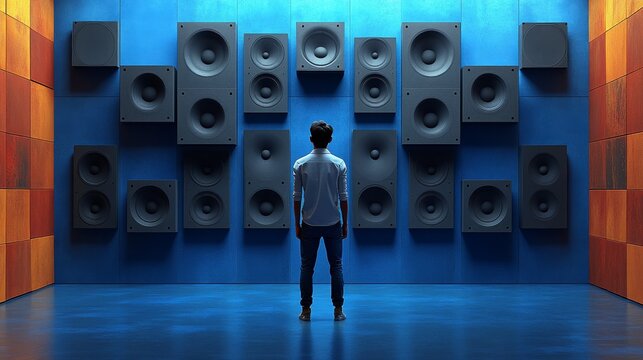 A person stands in front of large speakers in an immersive sound space, exploring the world of music and audio.