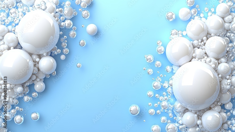 Poster a serene composition of white spheres and pearls on a soft blue background, creating a calming and e