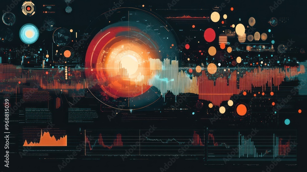 Poster Abstract Digital Interface with Glowing Circles and Data Visualization