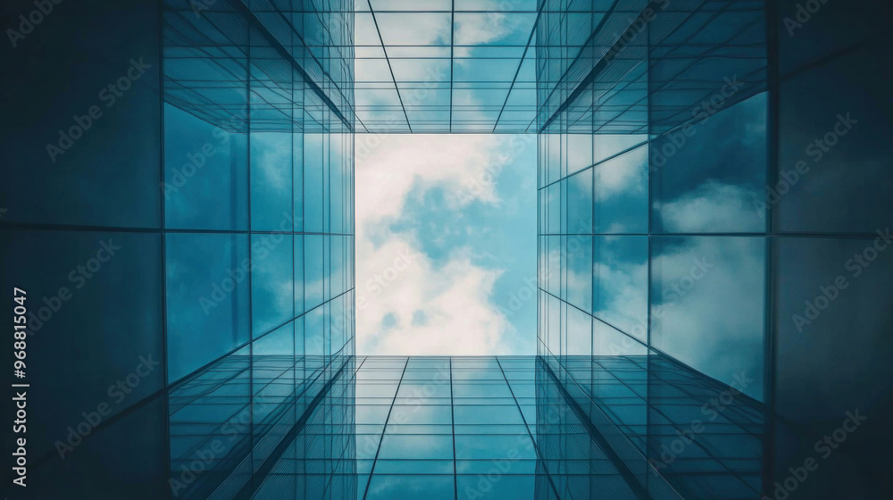 Poster a blue sky with clouds and a building in the background. the building is a tall skyscraper with many