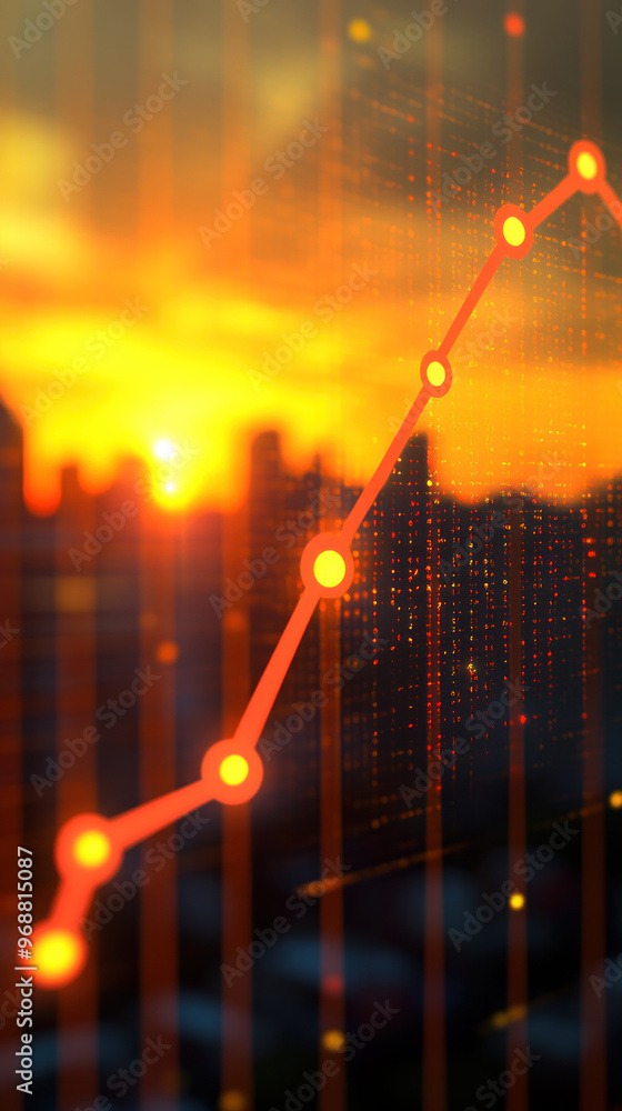Poster a graph with red lines and dots is shown with a sunset in the background. the graph appears to be sh
