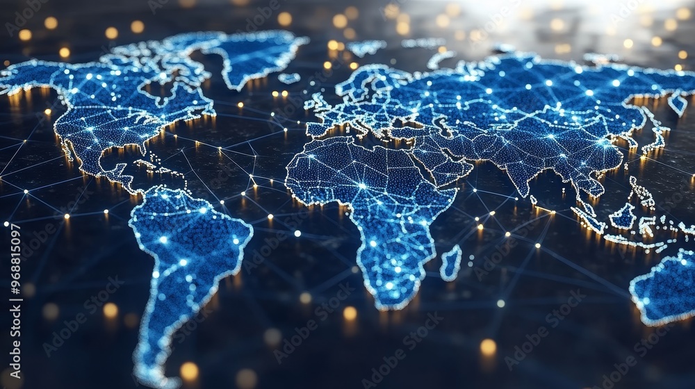 Poster a stunning digital map representation showcasing global connectivity with bright lines and nodes hig