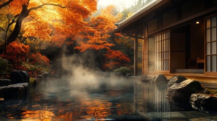 Fototapeta premium Traditional Japanese Onsen Hot Spring with Autumn Foliage and a Wooden House