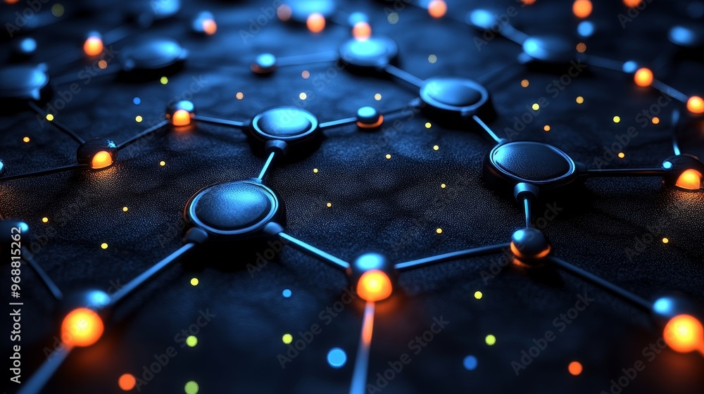 Poster a vibrant abstract representation of interconnected nodes and lights, symbolizing technology and dig