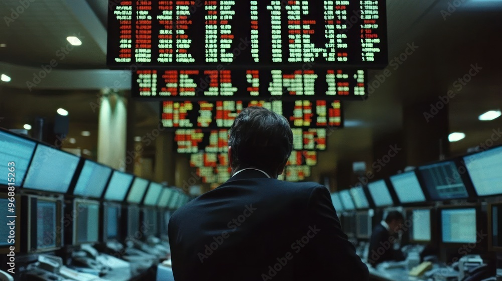 Poster A man in a suit stands in front of a stock ticker display