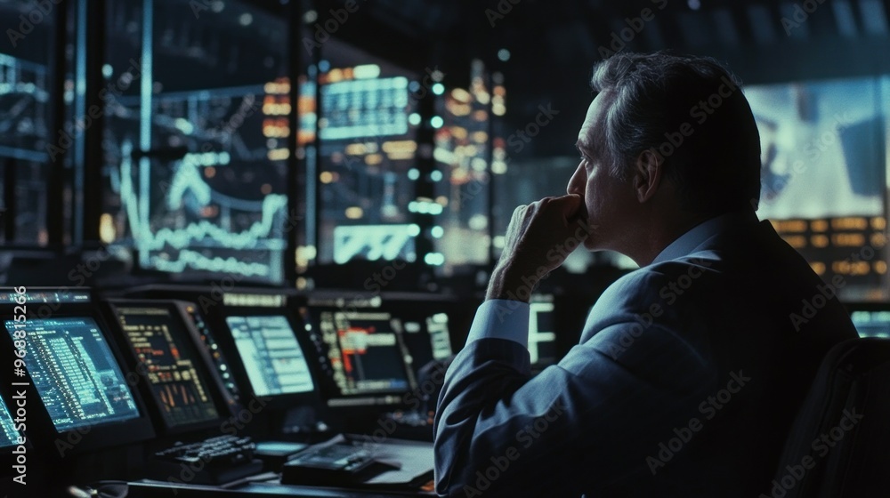 Poster Man Contemplating Data on Multiple Computer Screens in a Dark Control Room