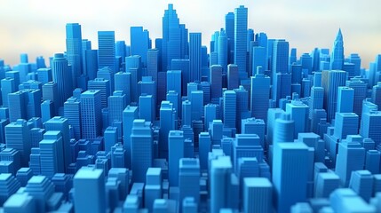 Obraz premium A vibrant 3D representation of a modern urban skyline with blue skyscrapers, showcasing architectural diversity and depth.