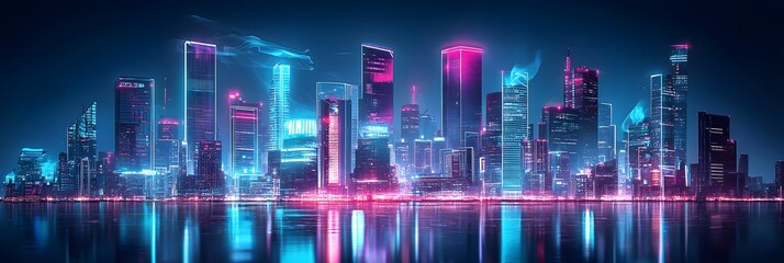 Futuristic cityscape at night with holographic projections, neon lights, cyberpunk theme