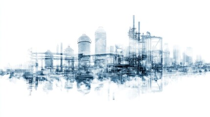 Double exposure of oil refinery and pipelines with a technology concept. Industrial and innovation theme.