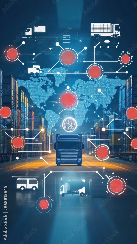 Poster a computer screen shows a map of a city with many trucks and other vehicles. concept of a busy trans