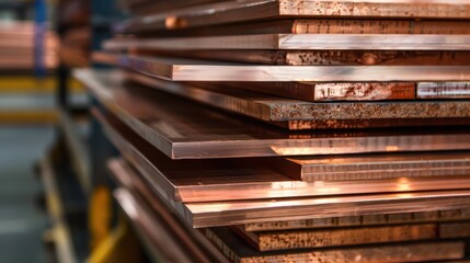 Fototapeta premium Stack of copper sheets, characterized by their shiny, metallic surface and the visible grain of the material