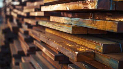 Fototapeta premium Stacks of weathered wooden planks or boards, likely in a lumber yard or workshop, with varying textures and colors visible in close-up detail