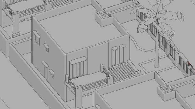 Generic Arab Flat roof Villa Complex, Seamless Looped Rotating animation, blueprint, Arab Style Villa